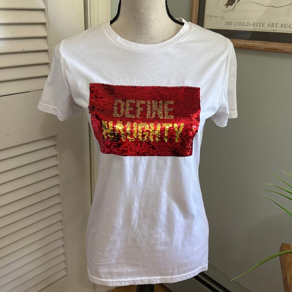 8 Oak Lane Top Womens Small Flip Sequin Tee Define Naughty Define Nice Graphic